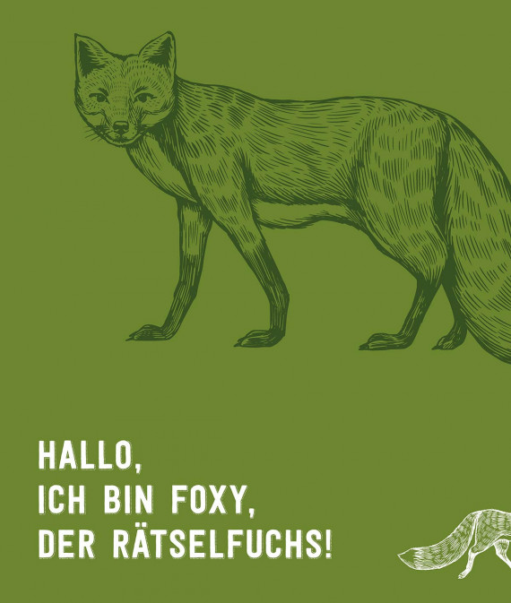 Zeichnung Fuchs auf grünem Hintergrund, Text: Hallo, ich bin Foxy, der Rätselfuchs